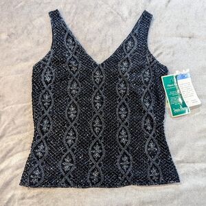 Vintage Adrianna Papell Hand Beaded 100% Silk Shell Black Evening Top Size S